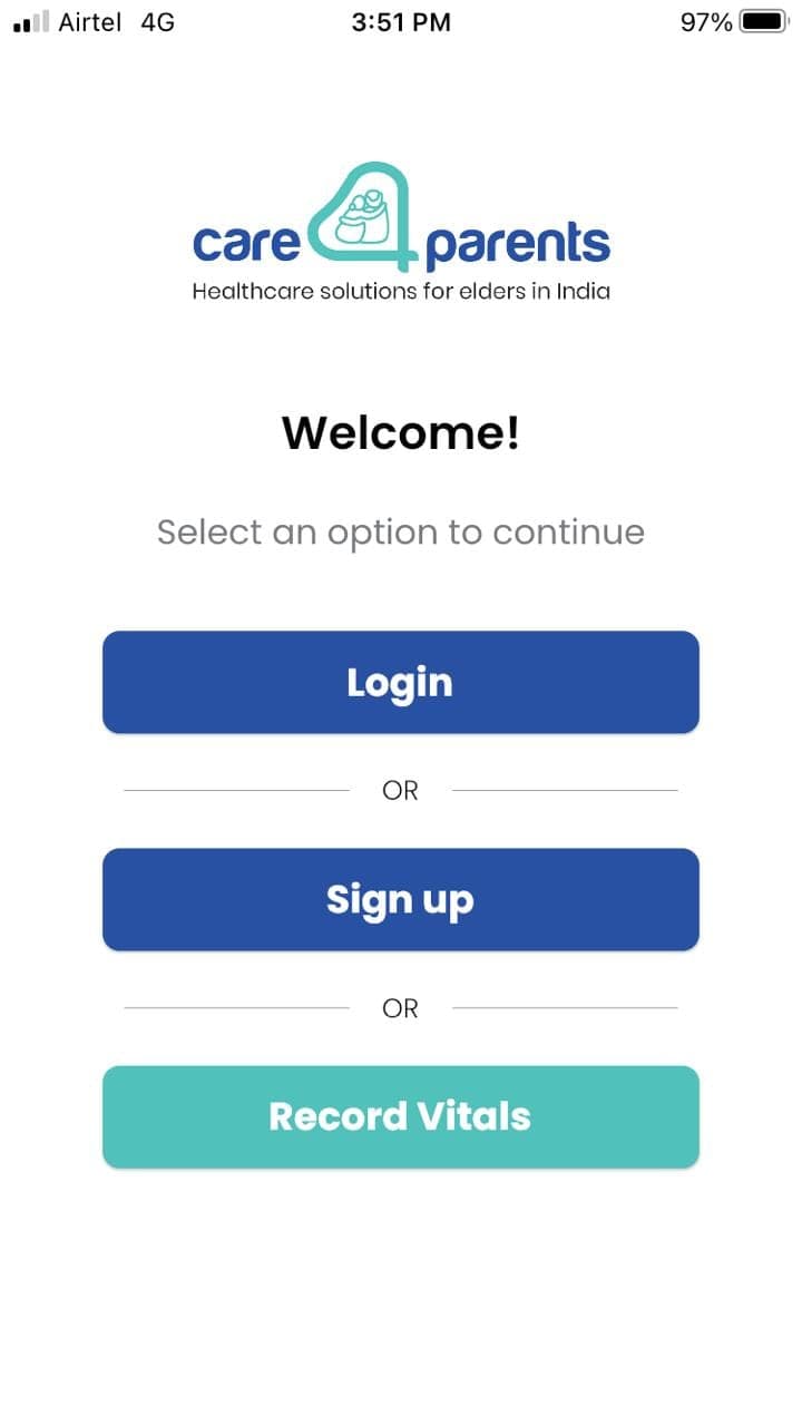The Care4parents mobile app opening screen, offering Login, Sign up and Record Vitals