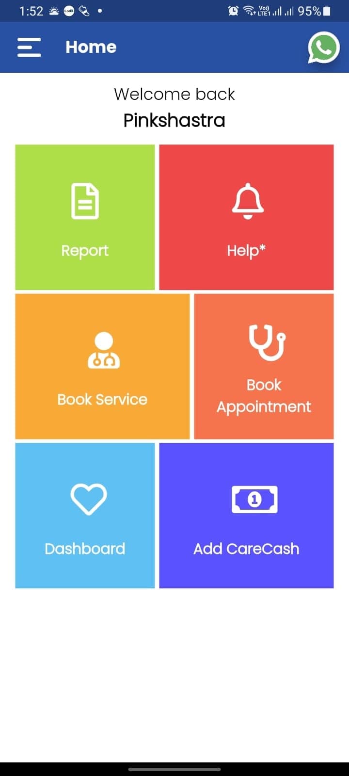 The mobile app home screen with tiles for reports, help, booking a service, booking an appointment, the dashboard and wallet top-up